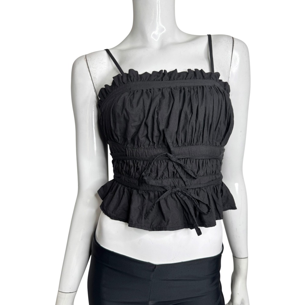 Free People Black Smocked Ruffle Tie Waist Crop Cami Top OB1666098 XS